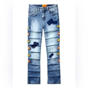 HYDE PARK CRINKLE DENIM PANT SIZE 32 BLUE MEN LARGE DENIM JEANS PATCHES